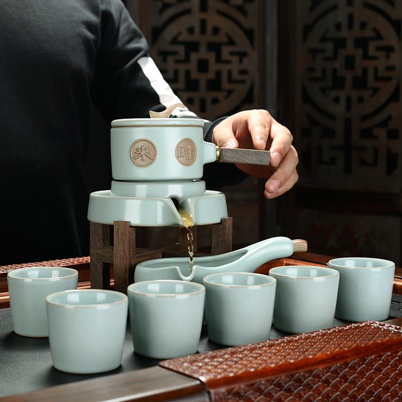 汝窑懒人石磨半自动功夫茶具茶杯套装泡茶神器陶瓷茶道茶盘配件