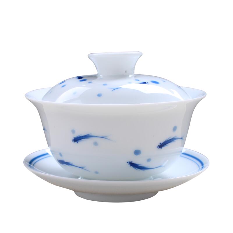 手绘白瓷茶碗盖碗茶杯 陶瓷功夫茶具青花瓷泡茶三才盖碗中号加厚
