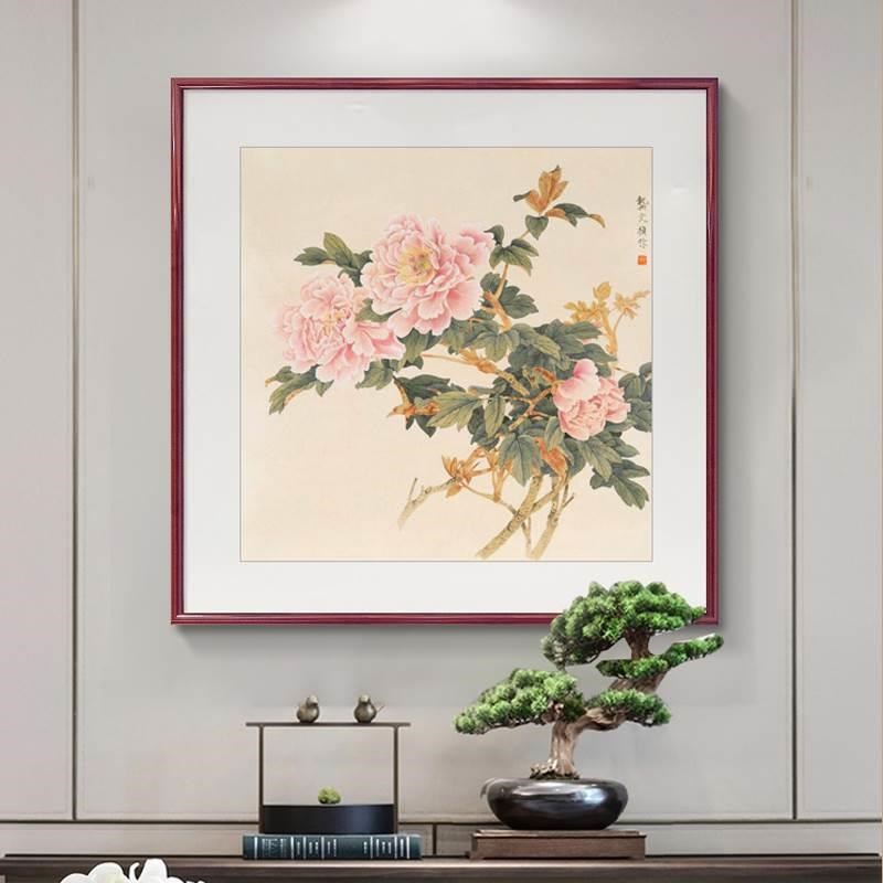 花开富贵牡丹玄关挂画新中式餐厅客厅装饰画手绘国画斗方入户壁画