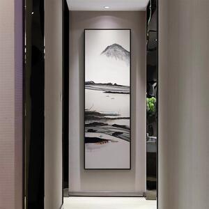新中式山水装饰画写意南山三联客厅挂画国画禅意花鸟黑白竖版画