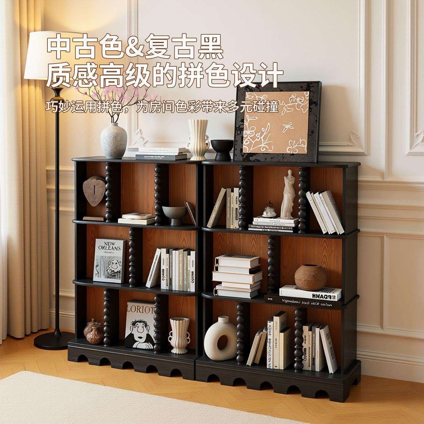 法式复古白蜡木实木书柜半墙落地组合书架沙发边柜美式收纳展示柜