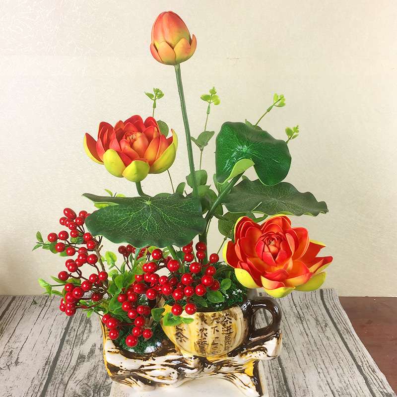 厂家直销仿真花盆景荷花 套装绢布花室内装饰办公室盆栽花