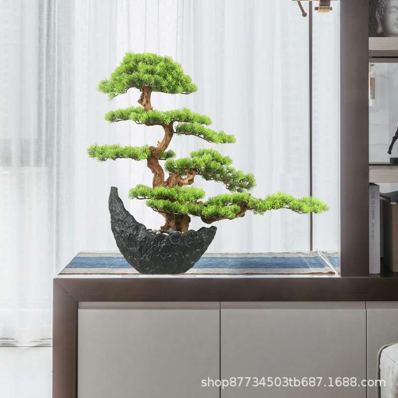 新中式仿真崖柏迎客松绿植盆景玄关前台样板间酒店民宿售楼部装饰