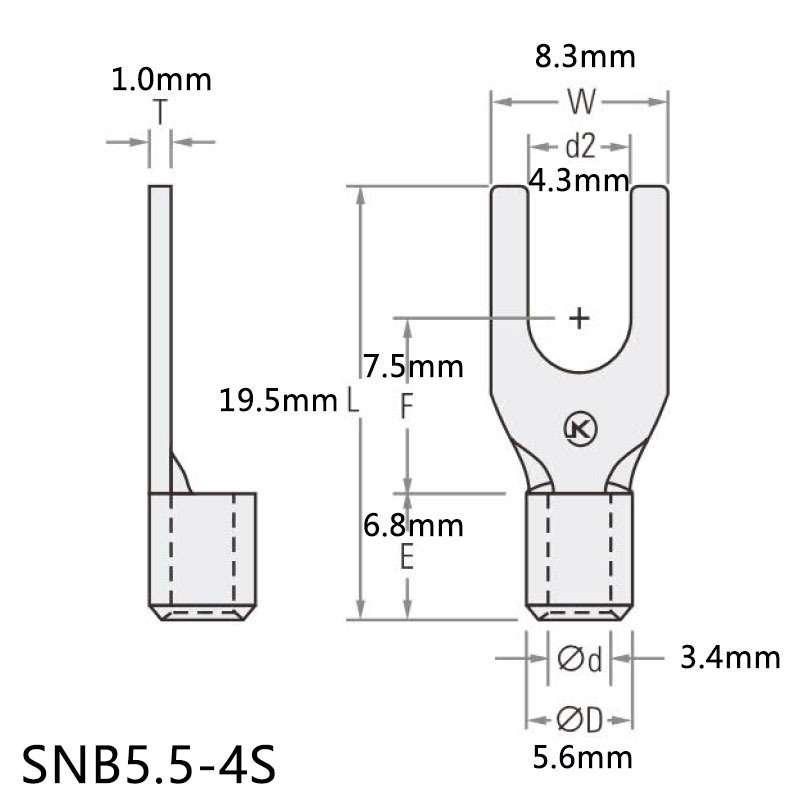 SNB5.5-4S开口铜鼻接线头 M4螺口冷压叉形紫铜接线端子电源快接头