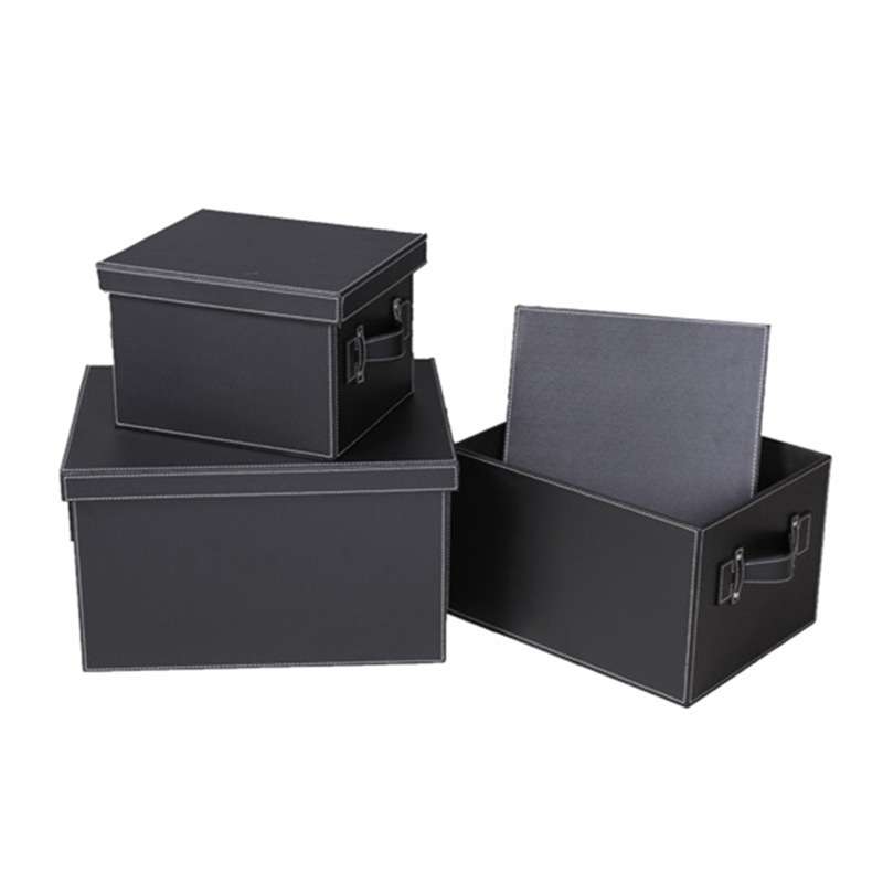 家用皮革收纳箱 PU皮质3件套收纳套箱 黑色物品整理箱组织者