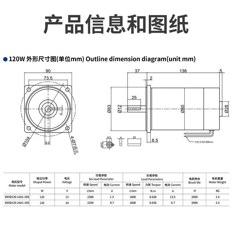 信达120W直流永磁高速电机12V24V可调速电动机1800转正反转小马达