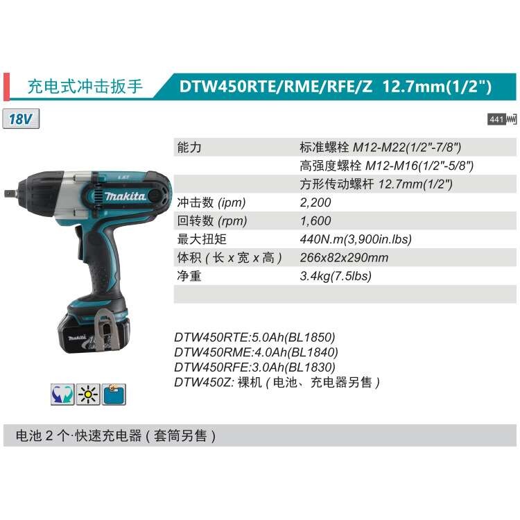 牧田Makita充电式电动扳手DTW450RTE/RME/Z冲击扳手18V锂电