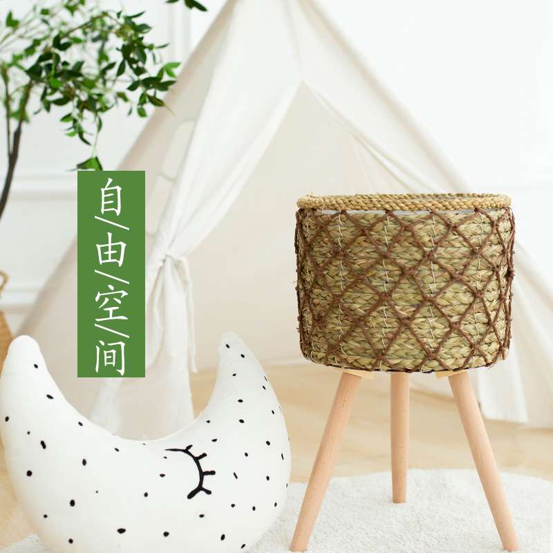 北欧编织花架家用大编织篮竹篮圆形木腿支架花盆架草编镂空盆架