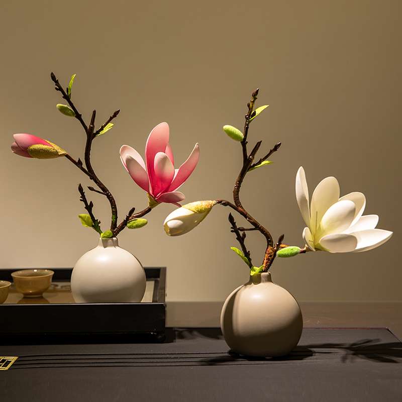 中式水莲花玉兰假花艺陶瓷瓶套装摆设客厅餐桌花装饰盆景摆件