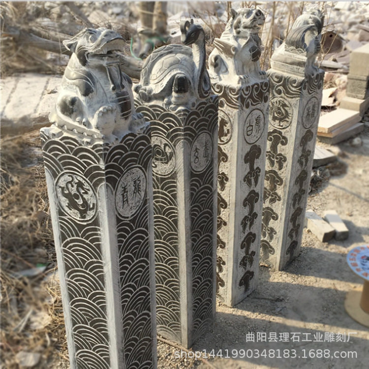 批发石雕栓马柱青石做旧四大神兽拴马柱大理石仿古拴马桩摆件