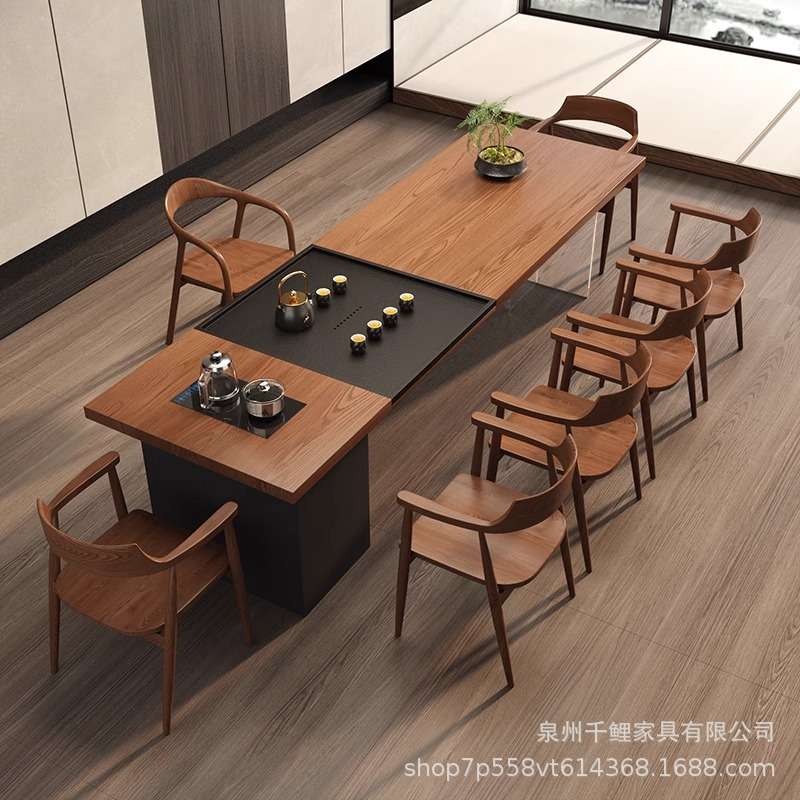 实木大板泡茶桌椅组合现代简约办公室茶台岛台茶桌烧水壶茶盘一体