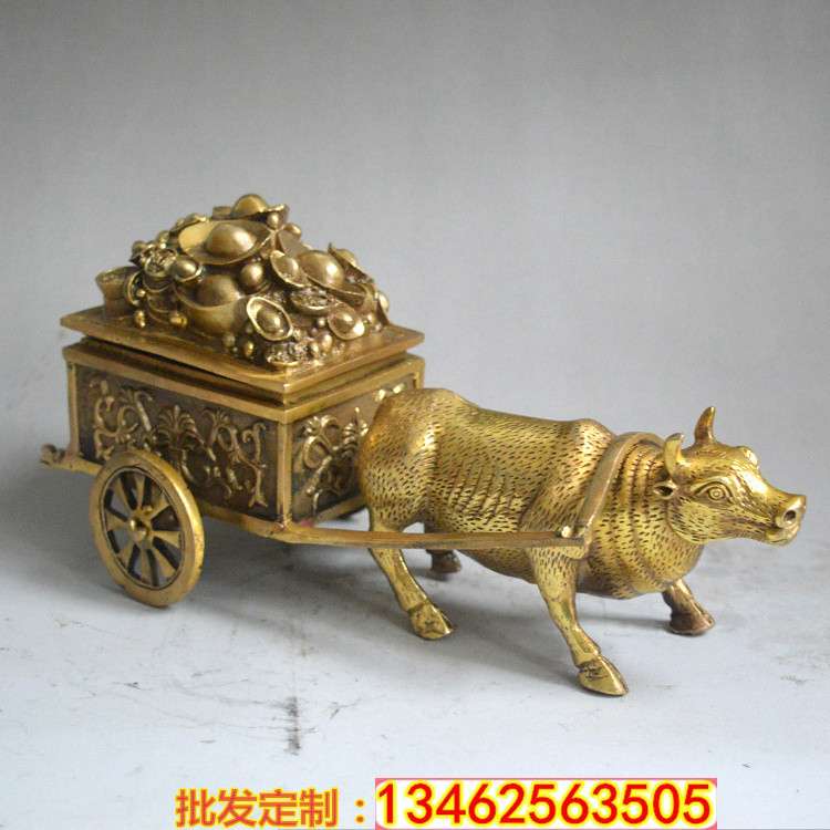 厂家直销纯铜牛拉车摆件生肖牛财运牛拉元宝家居风水装饰品摆设