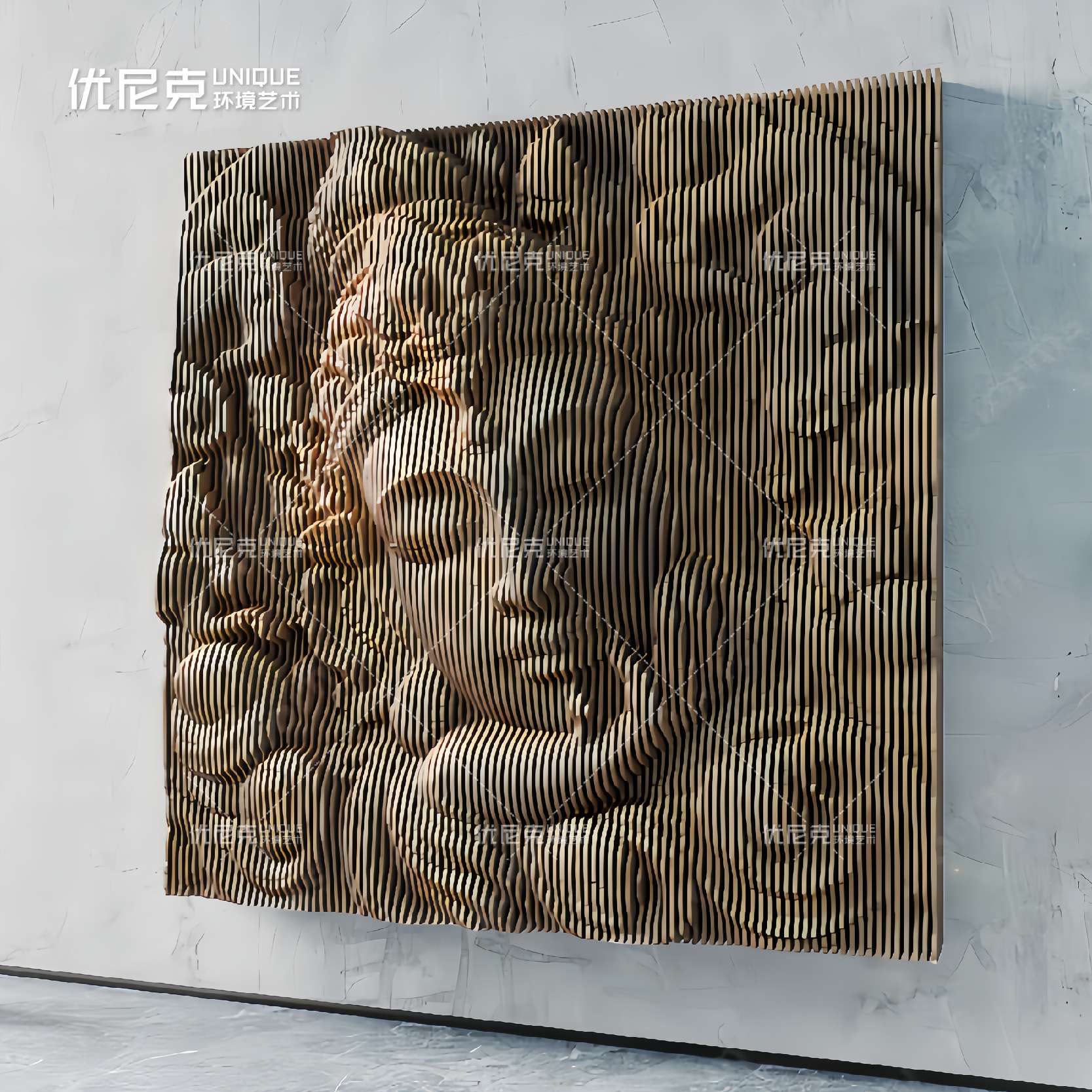 实木切片象征人物壁饰雕塑商场酒店售楼部餐厅公寓民宿防腐木装饰
