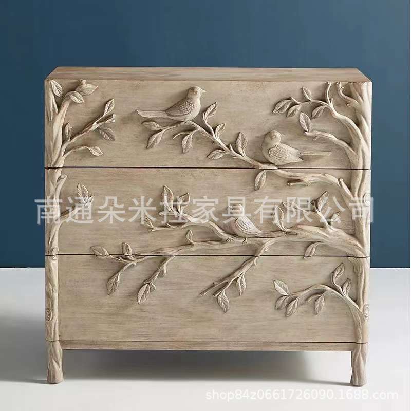 法式复古轻奢浮雕鸟语花香卧室斗柜餐厅实木餐边柜储藏柜