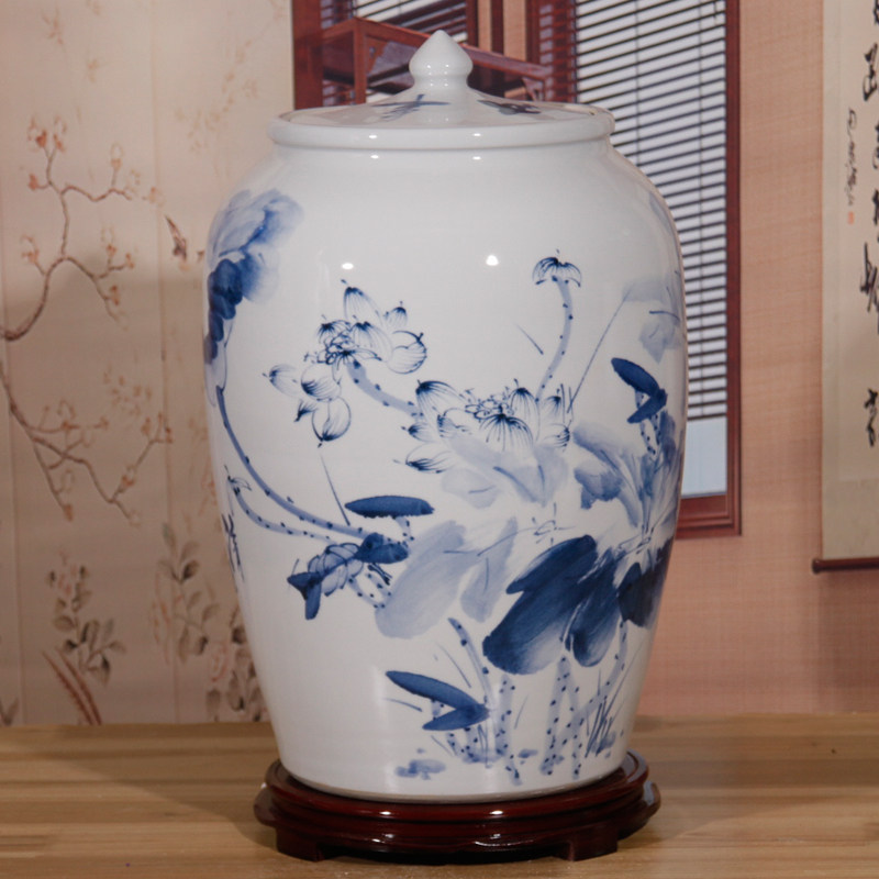 景德镇青花陶瓷米缸家用带盖30斤40斤100斤装密封桶防潮防虫面缸