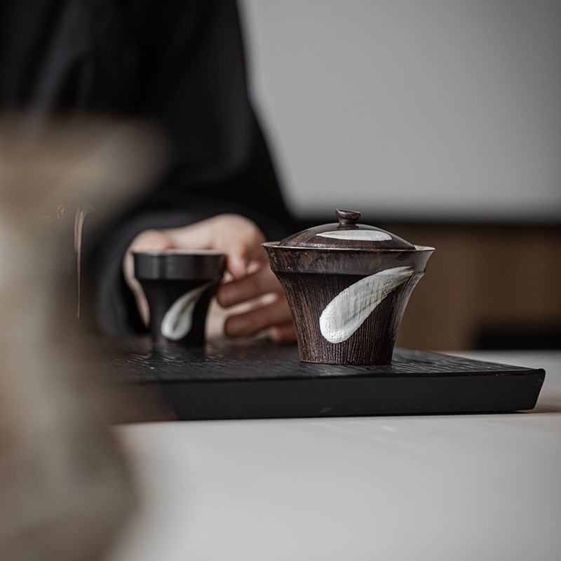 草木祠 陶瓷二才盖碗 日式粉引侘寂风泡茶杯茶碗盖杯功夫茶具茶杯