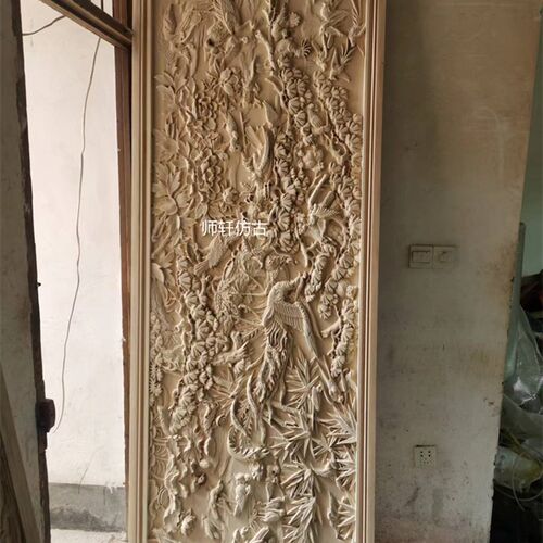 东阳木雕迎客松百鸟朝凤雕花板手工挂屏客背景墙隔断中式实木定制