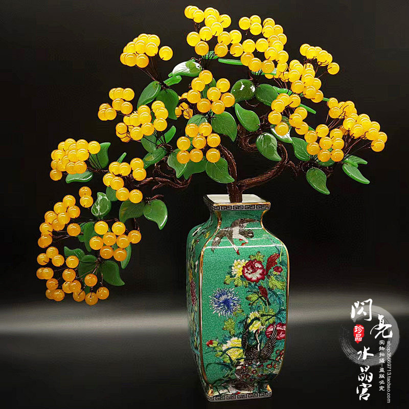 天然红水晶招财树发财树居家客厅创意装饰品陶瓷摇钱树办公室摆件