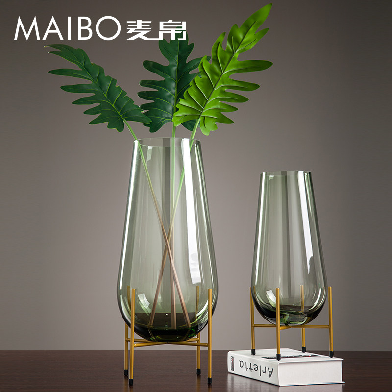 麦帛创意轻奢玻璃花瓶摆件铁艺金色支架花器客厅装饰插花水培花器