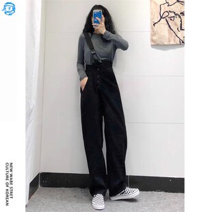韩版宽松单肩牛仔背带裤女2025春秋新款减龄秋装学生穿搭拖地裤子