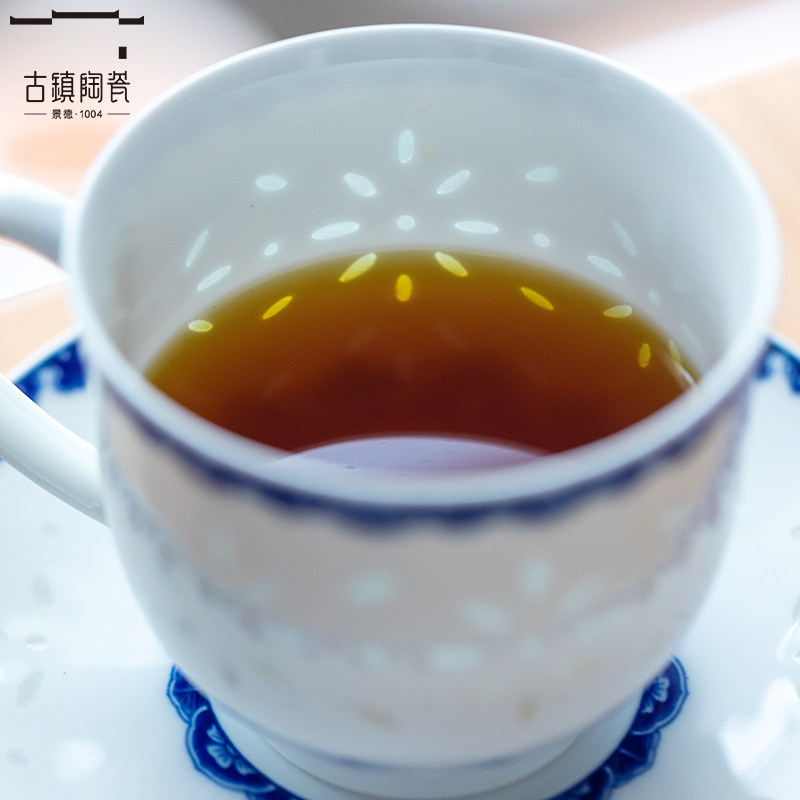 玲珑瓷马克杯咖啡杯碟陶瓷燕麦杯水杯景德镇青花瓷牛奶杯早餐杯