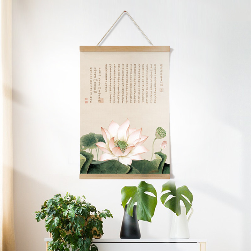 茜牡 新中式挂轴墙饰荷花心经挂画禅意壁画客厅玄关背景墙装饰画