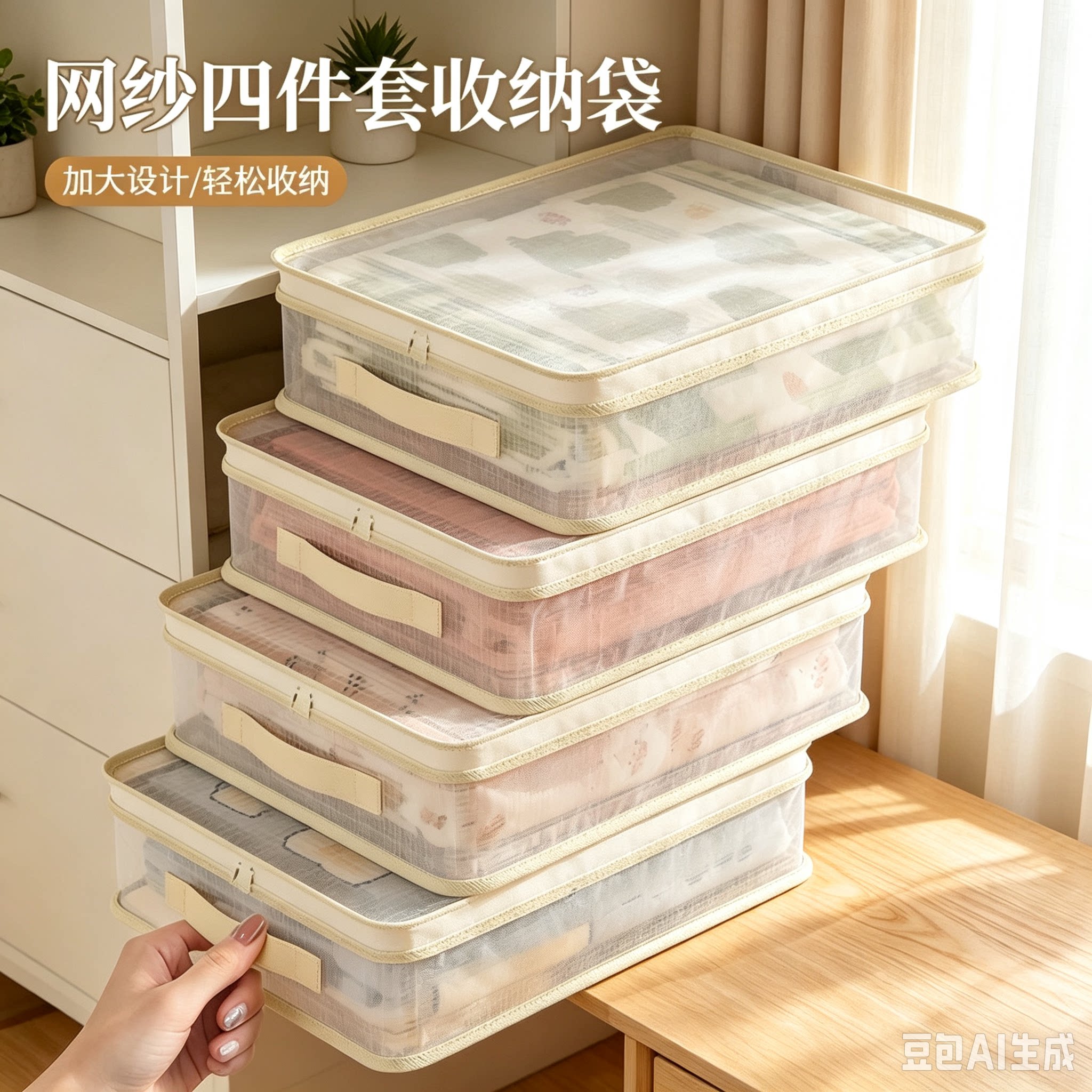 网纱四件套收纳袋家用卧室大容量防尘防潮整理盒可视窗防尘袋YY