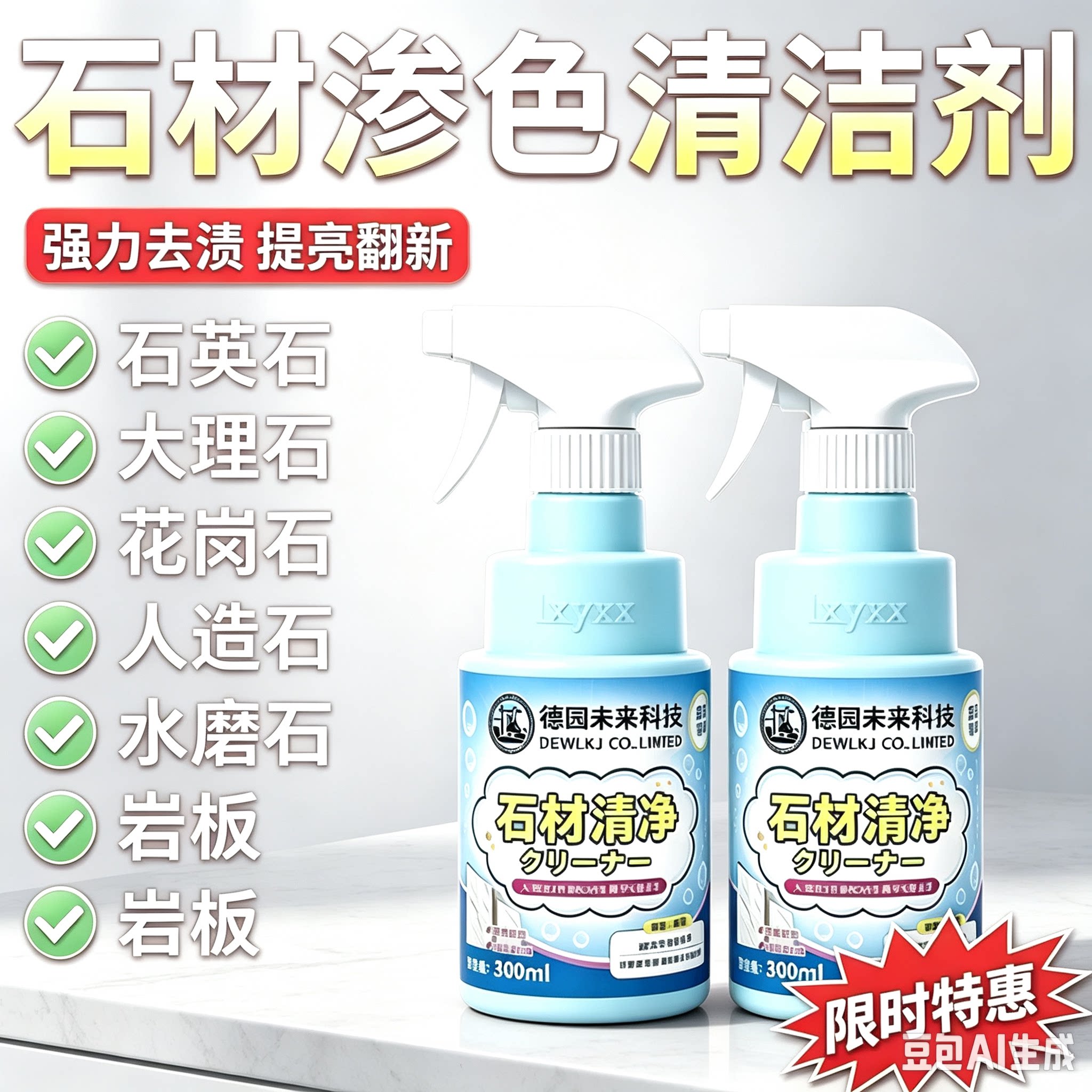 【官方正品】石材渗色清洁剂厨房台面强力去污大理石抛光石英ZY