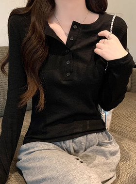 黑色正肩长袖t恤女2025新款初早秋季螺纹内搭打底衫修身体恤上衣