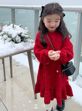 女童毛衣裙洋装儿童裙子冬季新款韩版麻花加厚红色小女孩针织裙