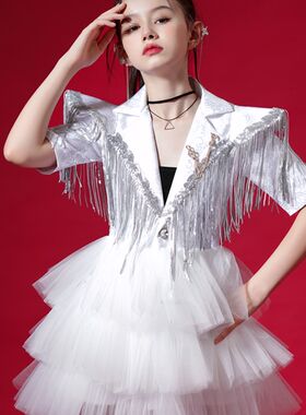 女童走秀礼服模特潮服白色舞台表演服蓬蓬裙女孩钢琴主持人演出服