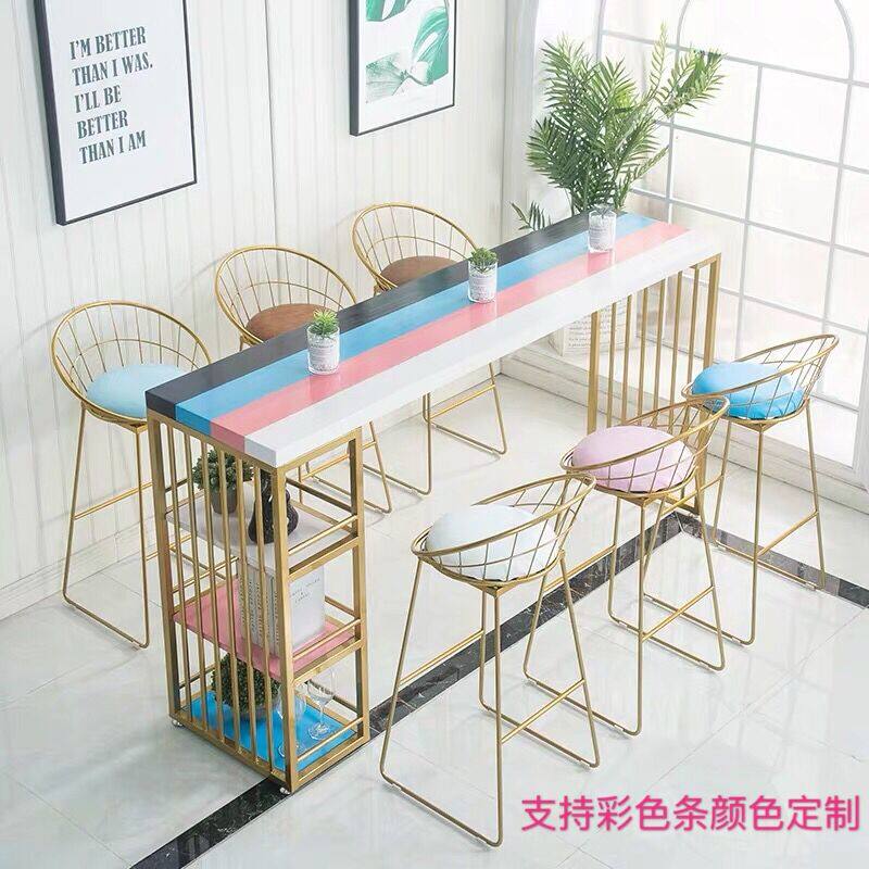 北欧大理石吧台餐桌一体实木彩色长条窄桌家用酒吧奶茶阳台高脚桌