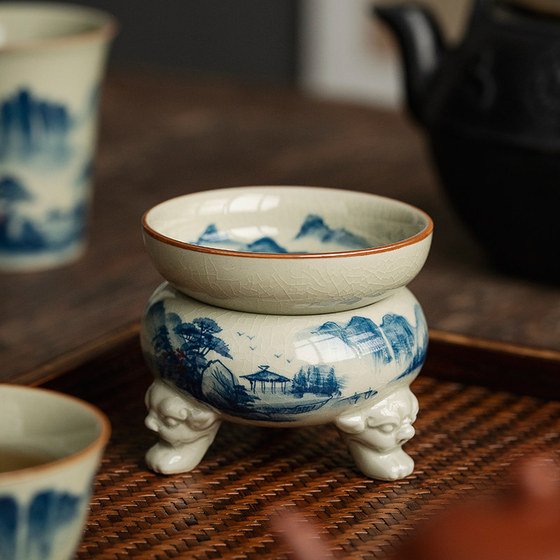 老陶泥手绘千里江山陶瓷茶漏斗茶隔茶滤功夫茶具配件手工泡茶过滤