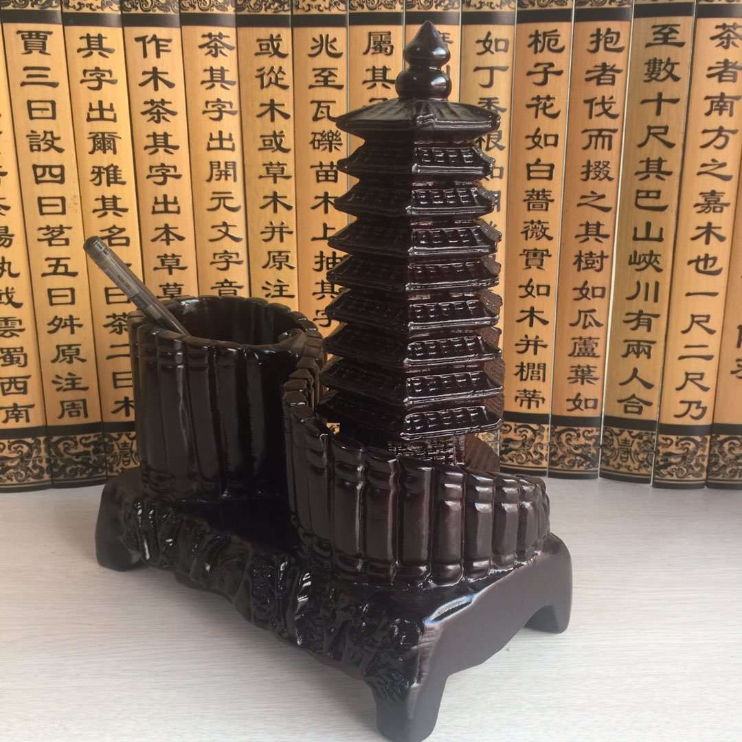 直播产品黑檀木雕文昌塔笔筒桌面摆件中式复古办公室装饰用品文具