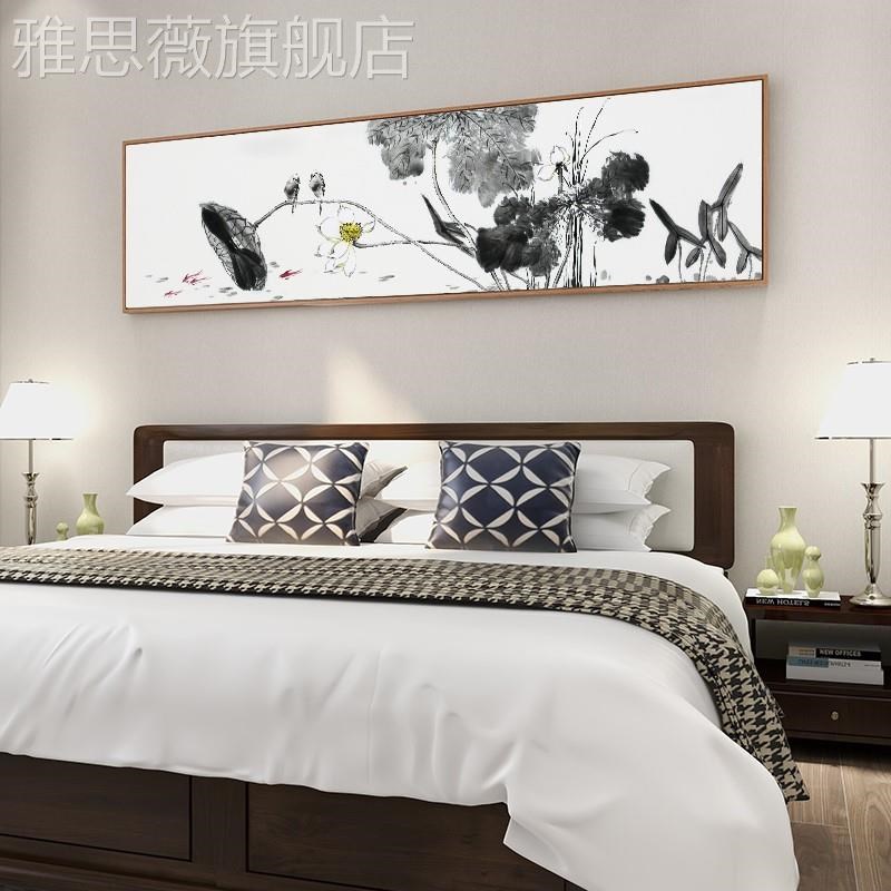 网红新中式头画卉民国画酒店花宿房间卧室床装饰荷花挂画桃花画水