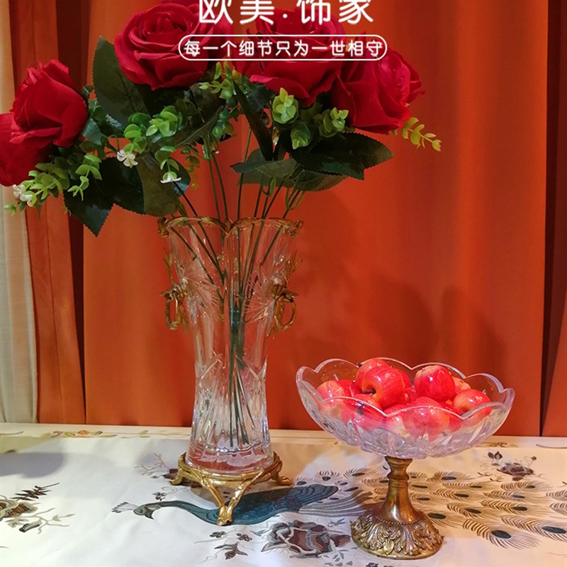 欧式水晶玻璃镶铜花插水果盘花瓶家居饰品陶瓷配铜纸巾盒装饰摆件