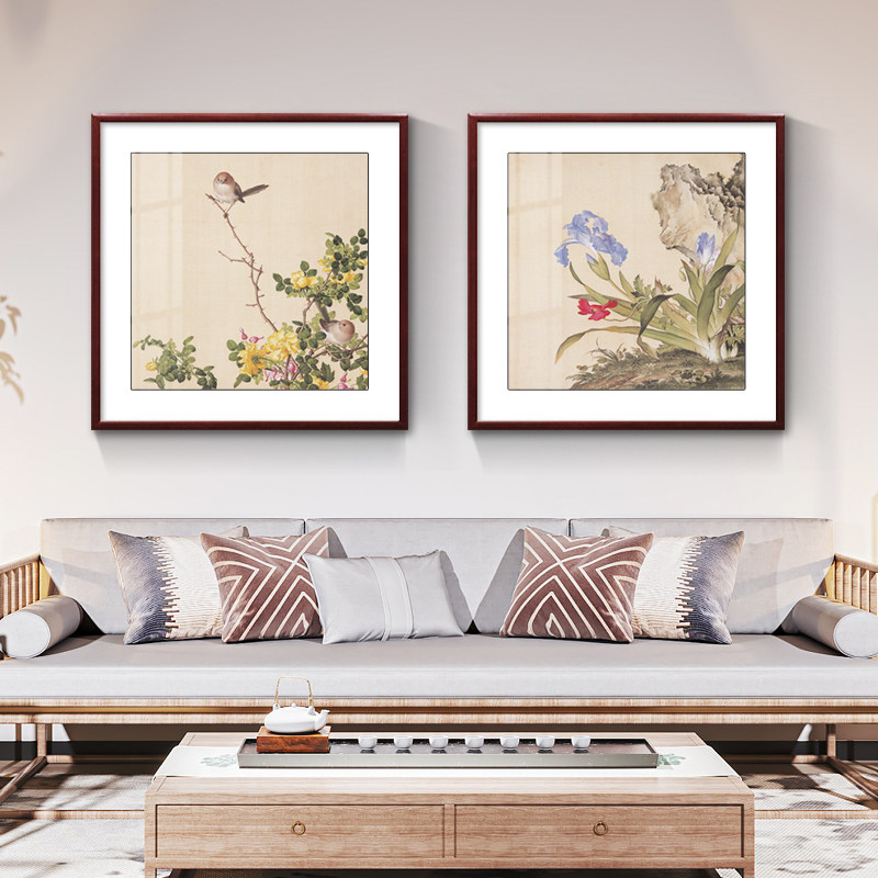 郎世宁花鸟画新中式餐厅装饰画古典工笔画仙萼长春图餐馆饭厅挂画