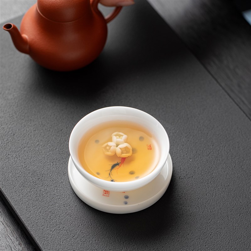 善简捏花釉下彩手绘冰种羊脂玉瓷主人杯家用喝茶品茗茶盏情侣杯子
