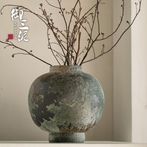 插花复古手工民宿酒店侘寂禅意摆件陶瓷花瓶手提把手粗陶瓶灯笼瓶