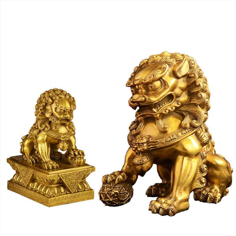 铜狮子一对摆件 纯铜宫门狮有底北京狮大小号 门口窗台阳台装饰品