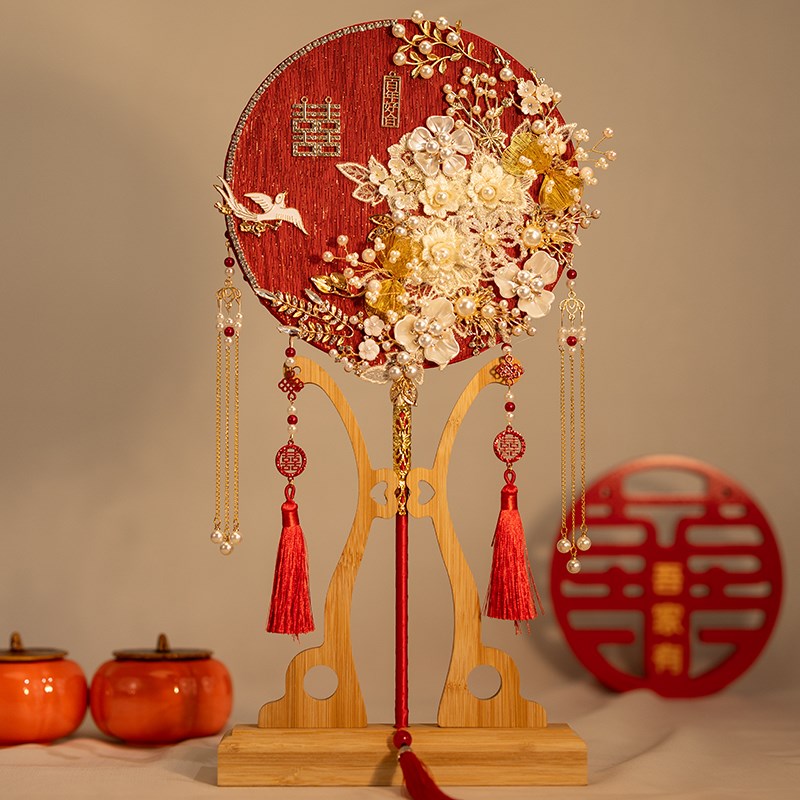 中式新娘长柄扇子diy手工秀禾服团扇规蜜结婚送礼喜扇材料包成品