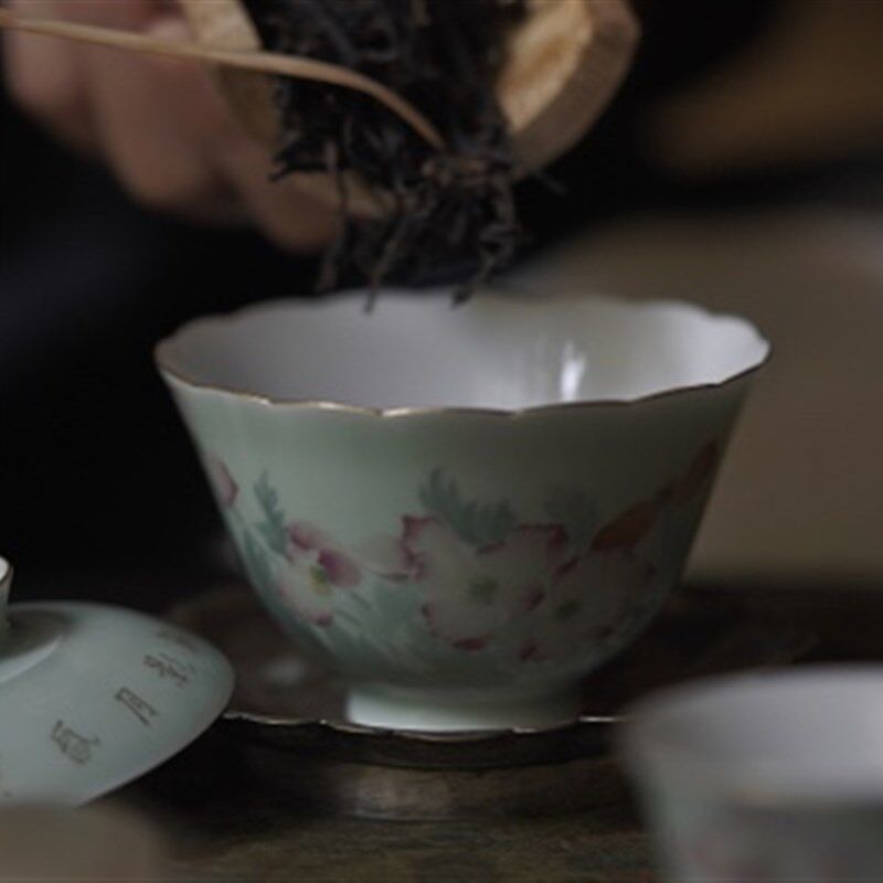 弥云斋嫣然没骨虞美人豆青釉茶具套装