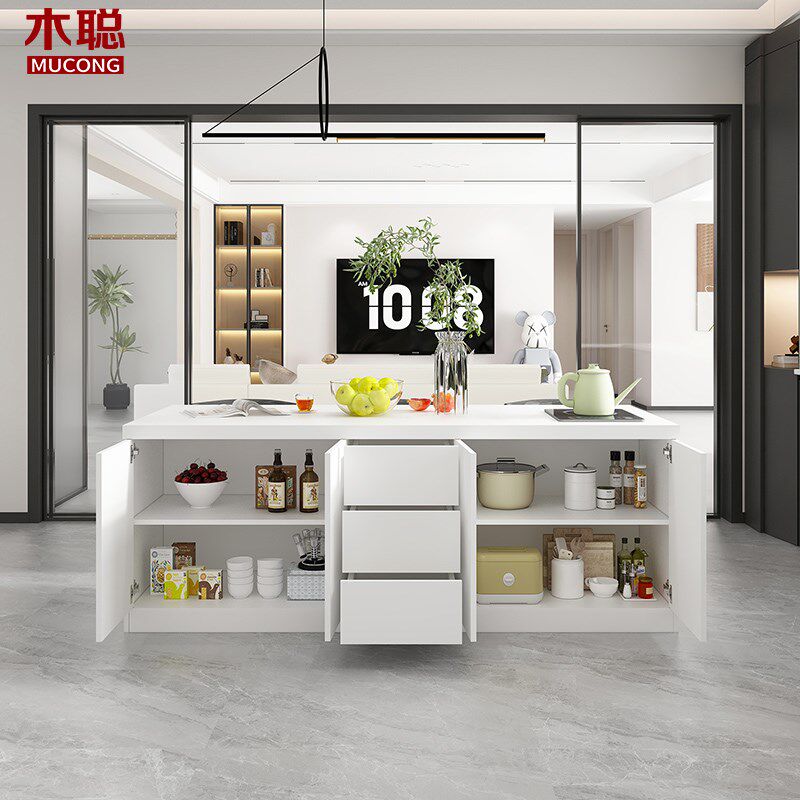 奶油风岩板餐桌岛台一体开放式吧台长方形家用料理台小户型8E50