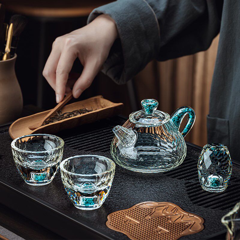 高档水晶公道杯透明耐热玻璃金箔公杯茶壶分茶器绿松石功夫茶具