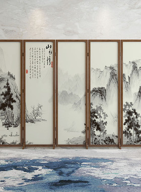 新中式原木折叠移动屏风隔断办公室茶叶店客厅遮挡水墨风景国画