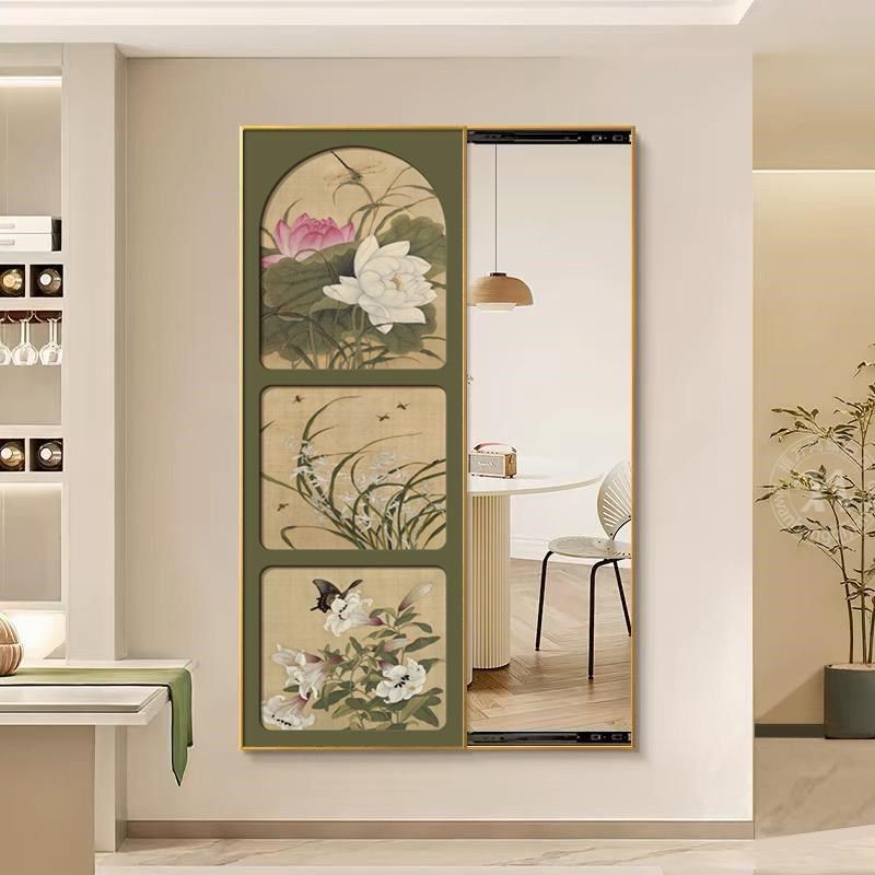 法式正对门玄关全身镜壁画中古风穿衣镜客厅装饰画推拉试衣镜挂画