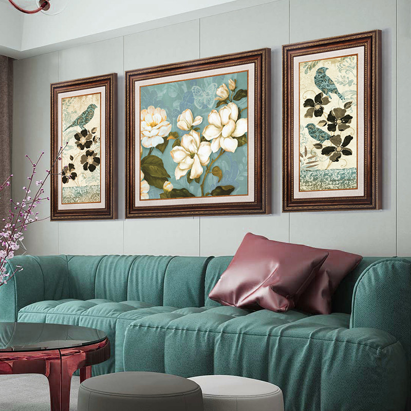 美式乡村客厅装饰画沙发背景墙挂画欧式复古大气壁画简美花鸟三联