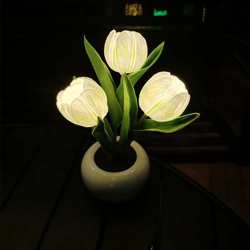 led郁金香花盆灯 粉色郁金香仿真花盆陶瓷led氛围小夜灯装饰摆件
