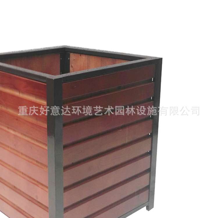 简约商业街道隔断花箱室外带logo防腐木花槽户外商场广场木质花箱