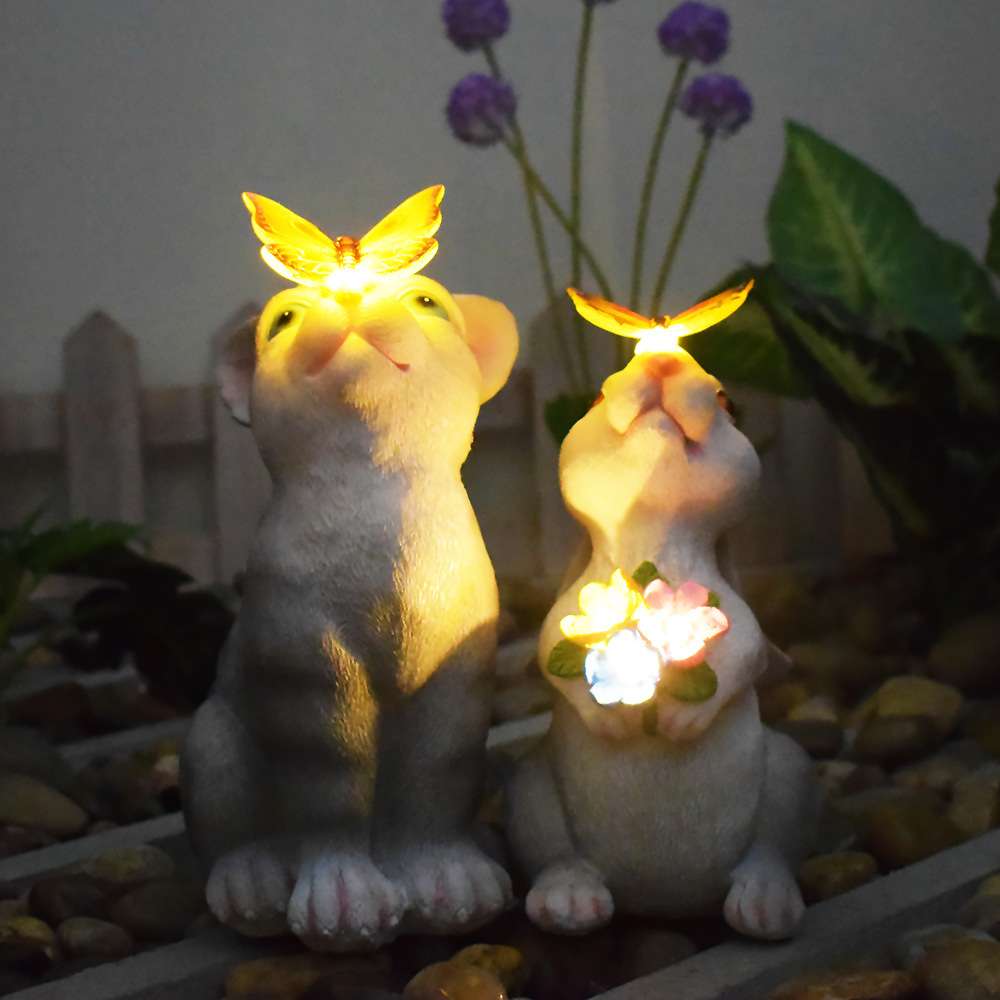 太阳能花园户外发光猫咪蝴蝶造型创意雕塑树脂摆件庭院景观装饰灯